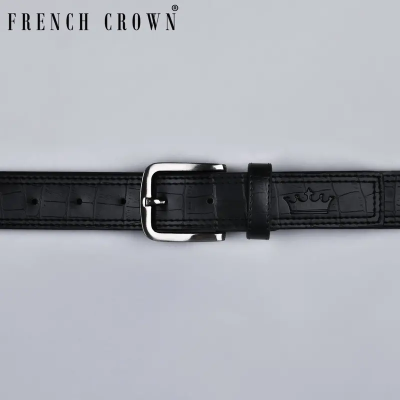 Jade Black Double Handmade Stitched Crocodile Skin Textured Vegan Leather Belt 1