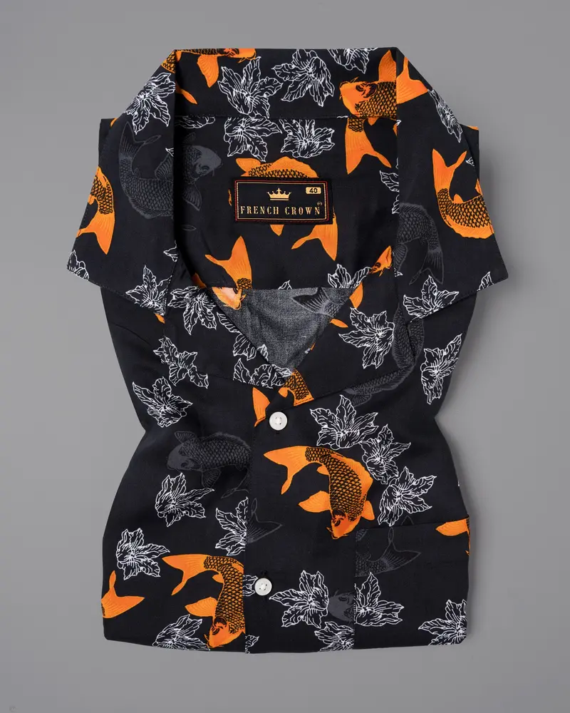 Jade Black Fish And Flower Printed Tencel Shirt 1