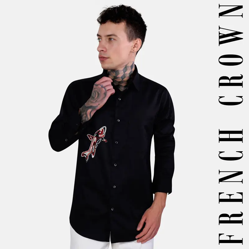 Jade Black Fish Hand Stitched Subtle Sheen Super Soft Premium Cotton Designer Shirt 1