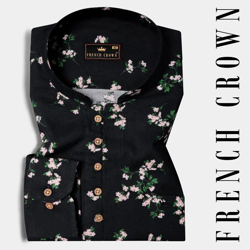 Jade Black Floral Printed Premium Tencel Kurta Shirt 1