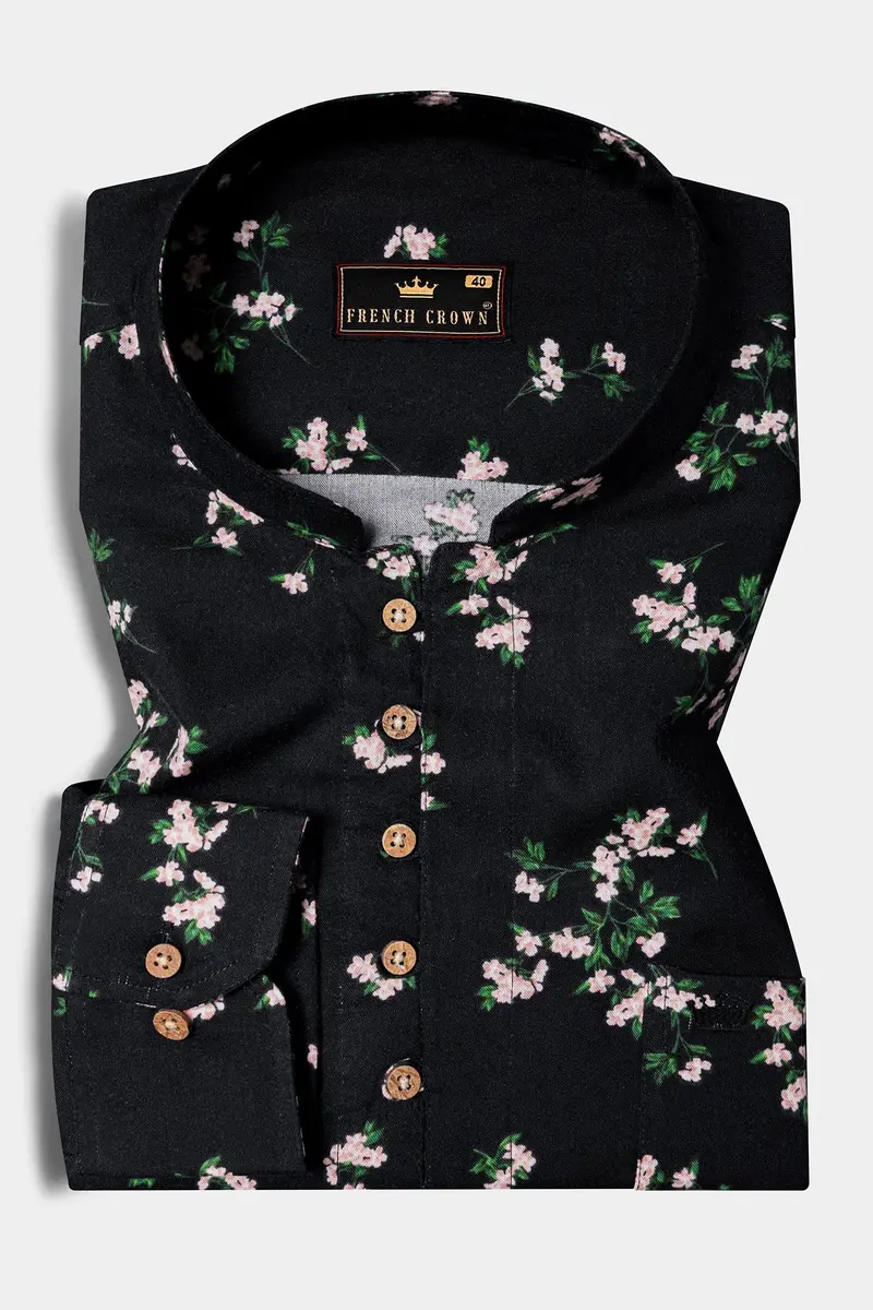Jade Black Floral Printed Premium Tencel Kurta Shirt 2