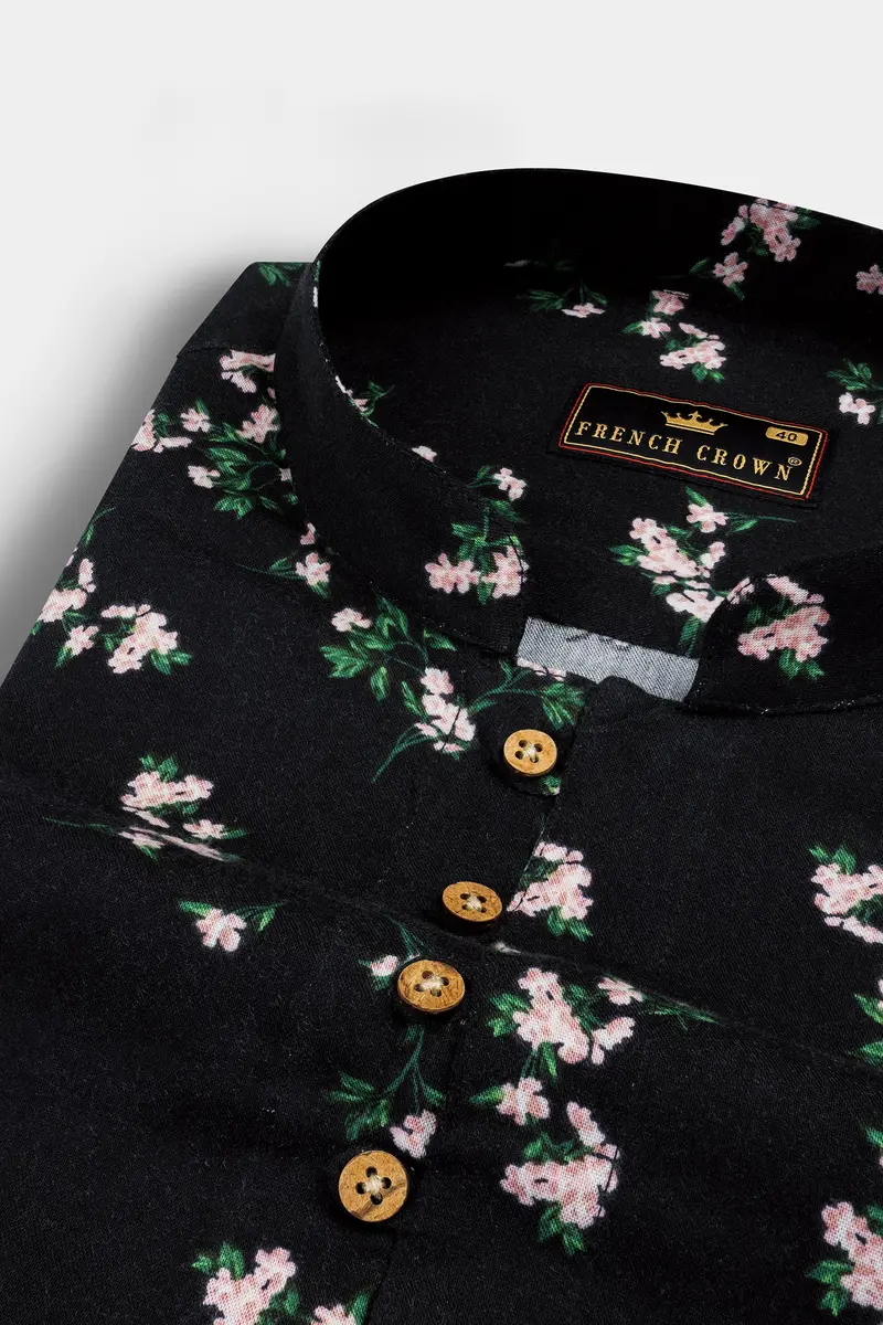 Jade Black Floral Printed Premium Tencel Kurta Shirt 4