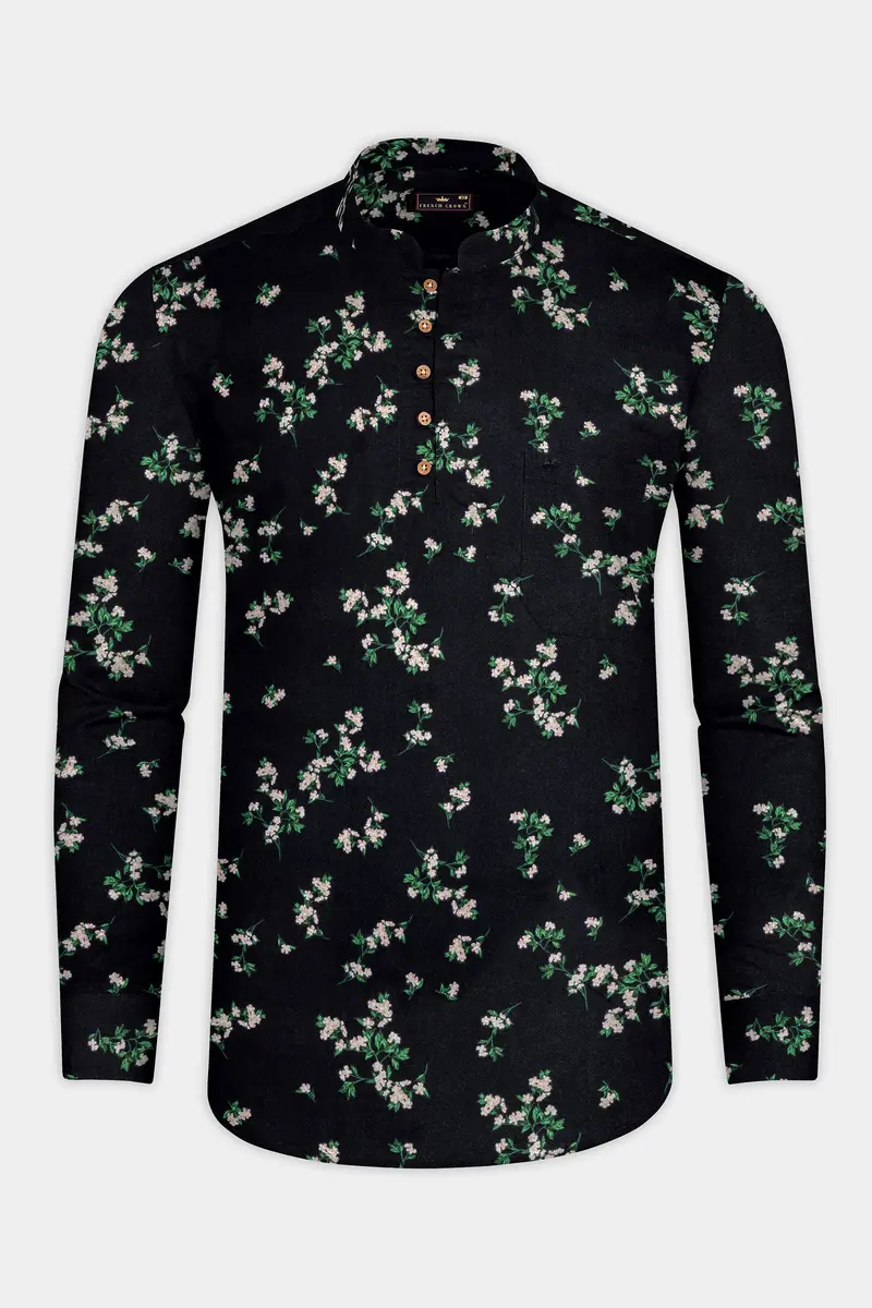 Jade Black Floral Printed Premium Tencel Kurta Shirt 5