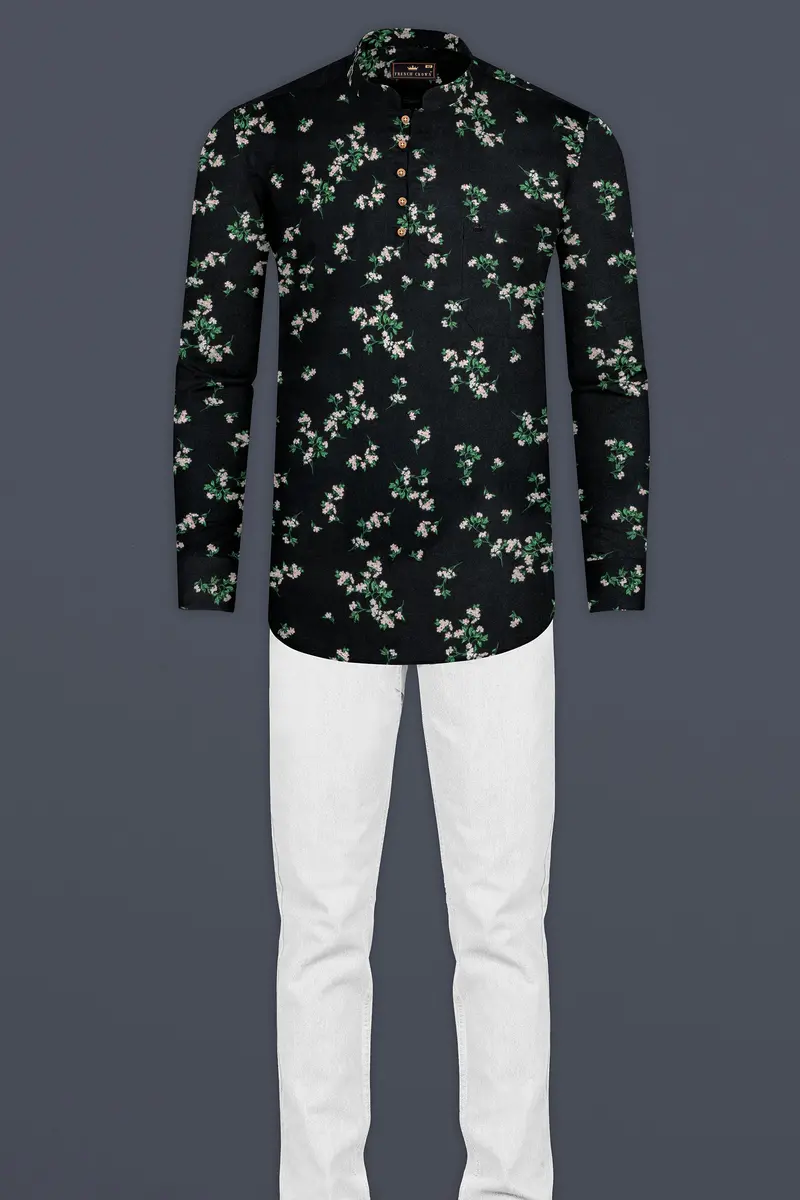 Jade Black Floral Printed Premium Tencel Kurta Shirt 7