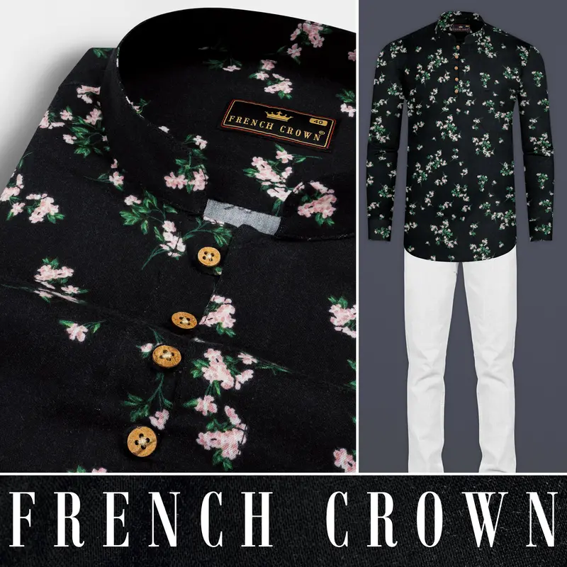 Jade Black Floral Printed Premium Tencel Kurta Shirt 8