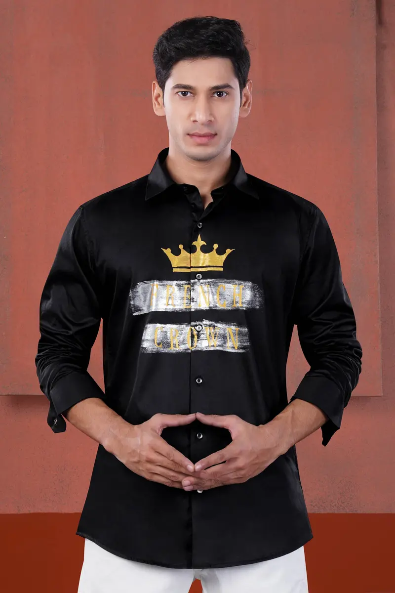 Jade Black French Crown Hand Painted Subtle Sheen Super Soft Premium Cotton Designer Shirt 1