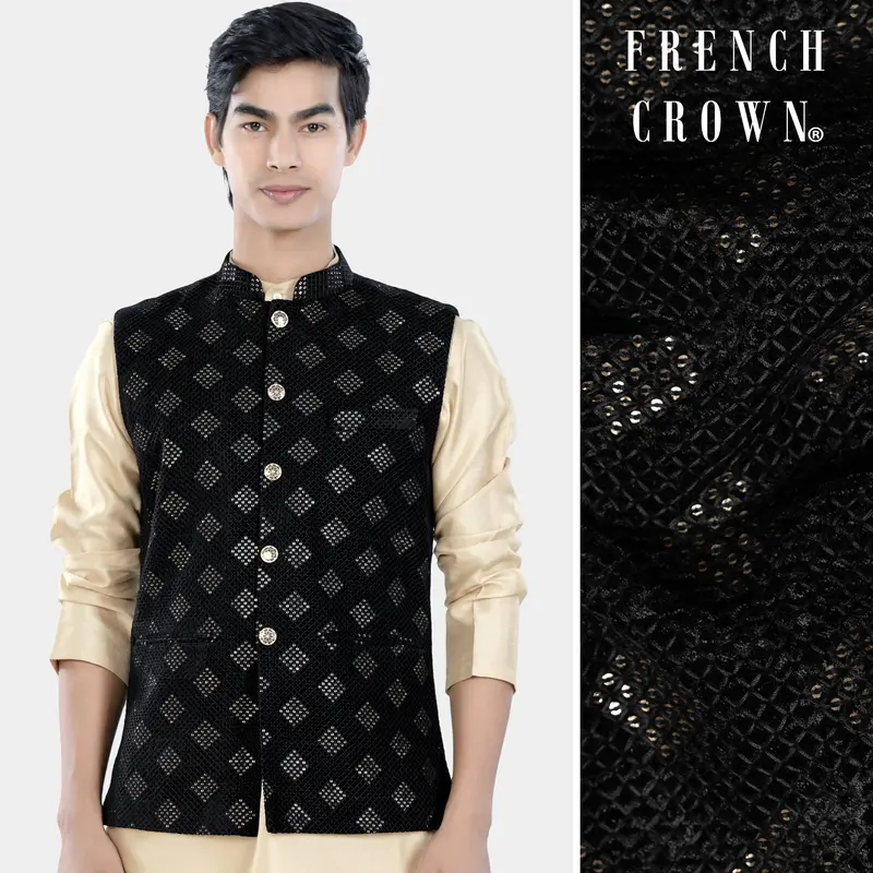 Jade Black Geometric Sequin And Thread Embroidered Designer Nehru Jacket 1
