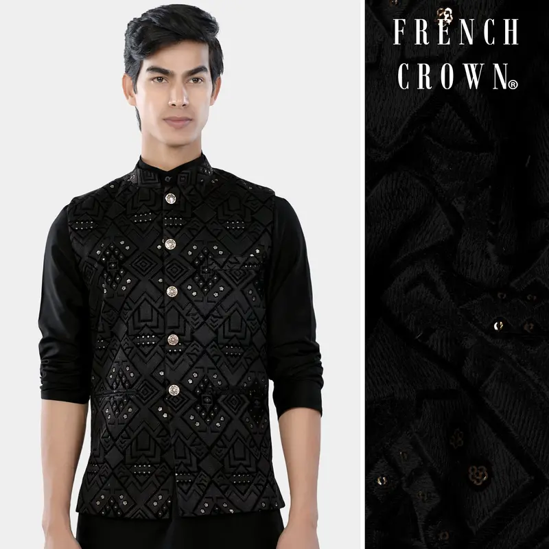 Jade Black Geometric Sequin And Thread Embroidered Designer Nehru Jacket 1