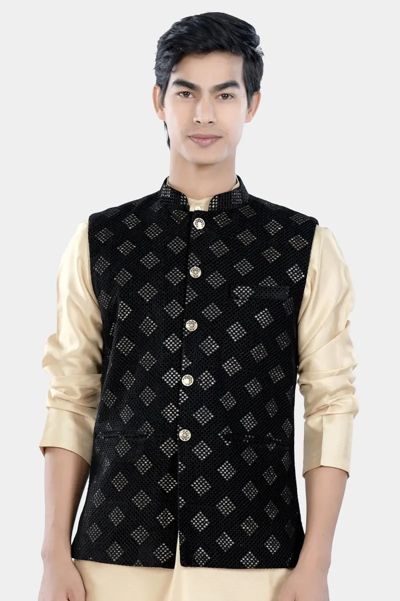Jade Black Geometric Sequin And Thread Embroidered Designer Nehru Jacket 2
