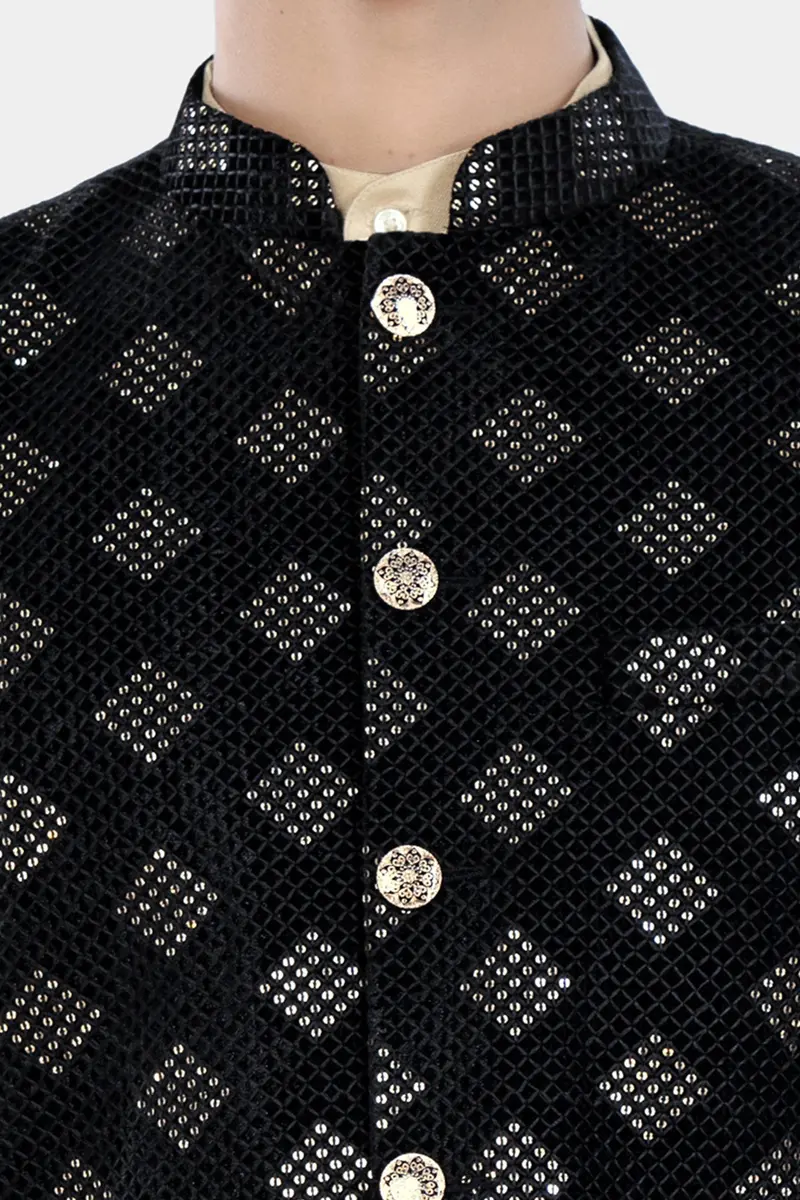 Jade Black Geometric Sequin And Thread Embroidered Designer Nehru Jacket 4
