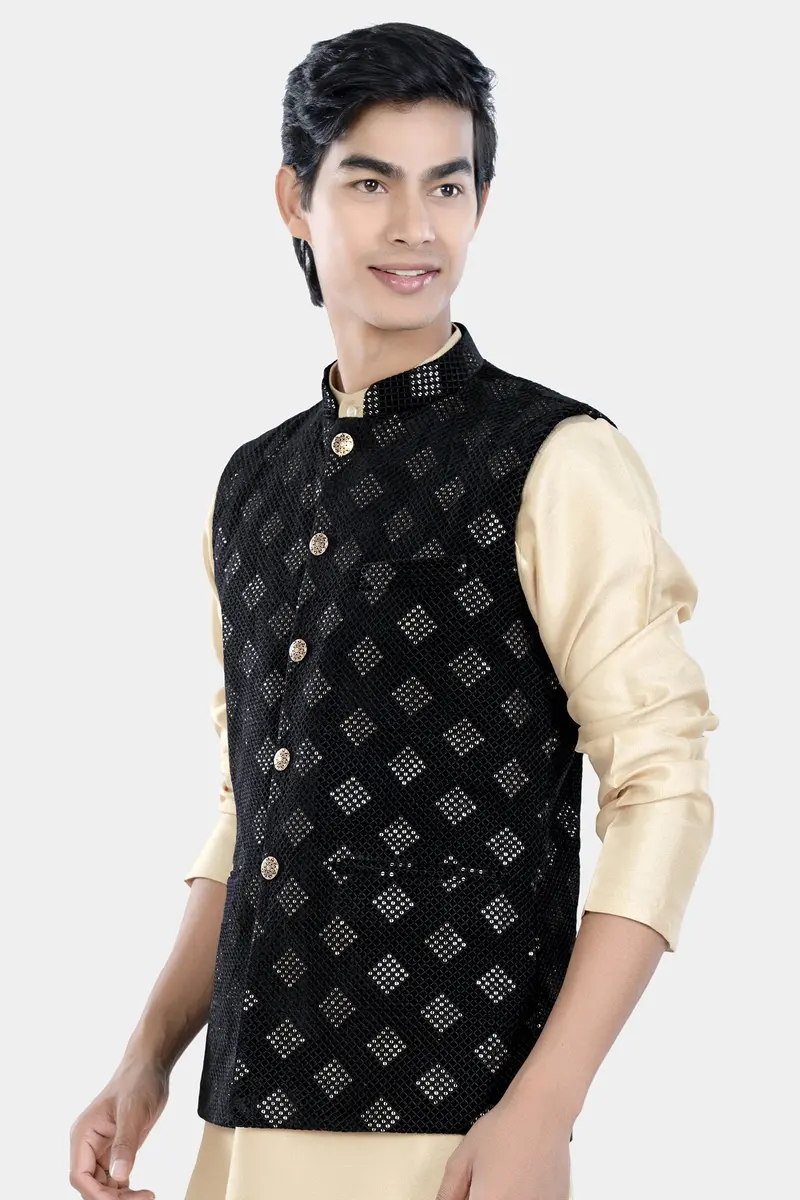 Jade Black Geometric Sequin And Thread Embroidered Designer Nehru Jacket 5