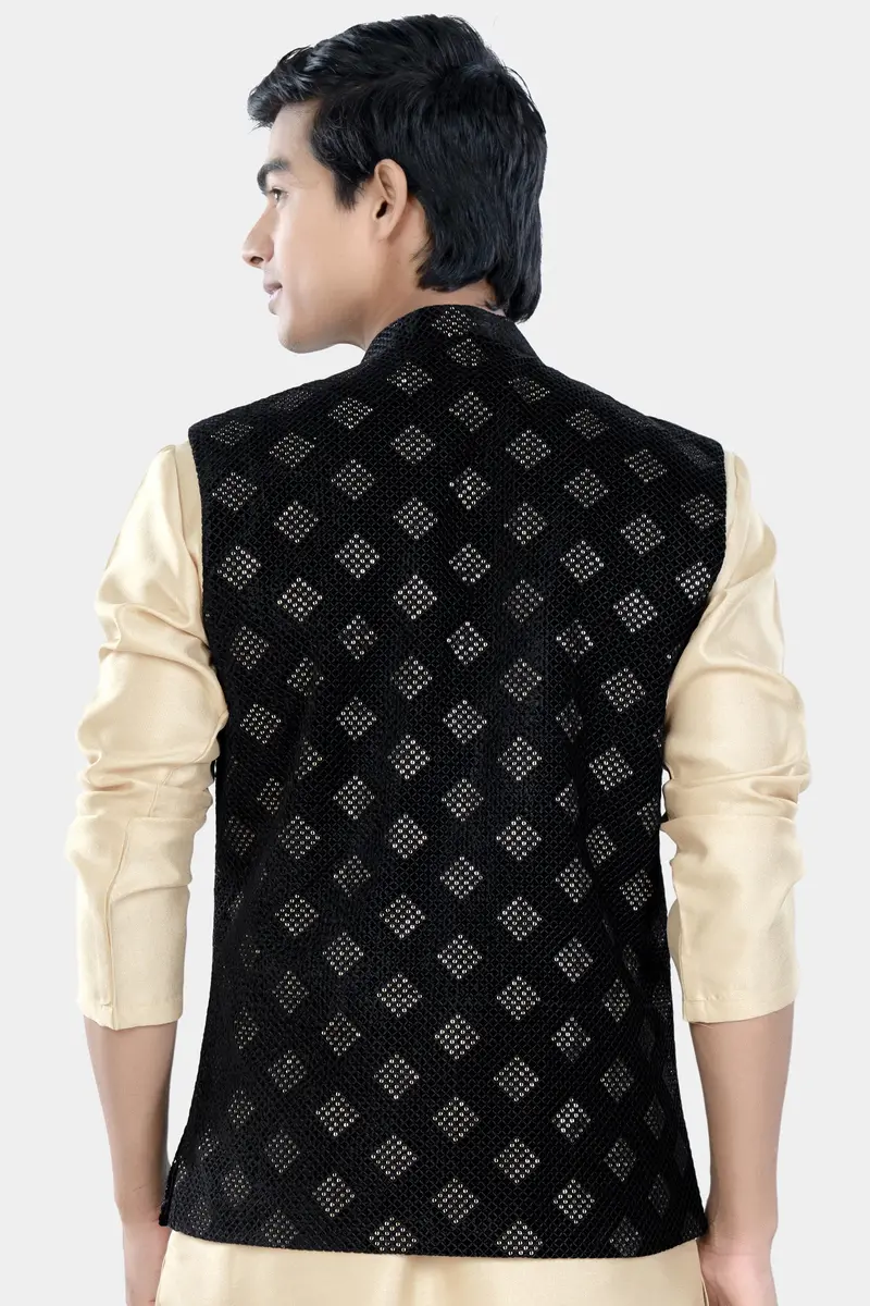 Jade Black Geometric Sequin And Thread Embroidered Designer Nehru Jacket 6