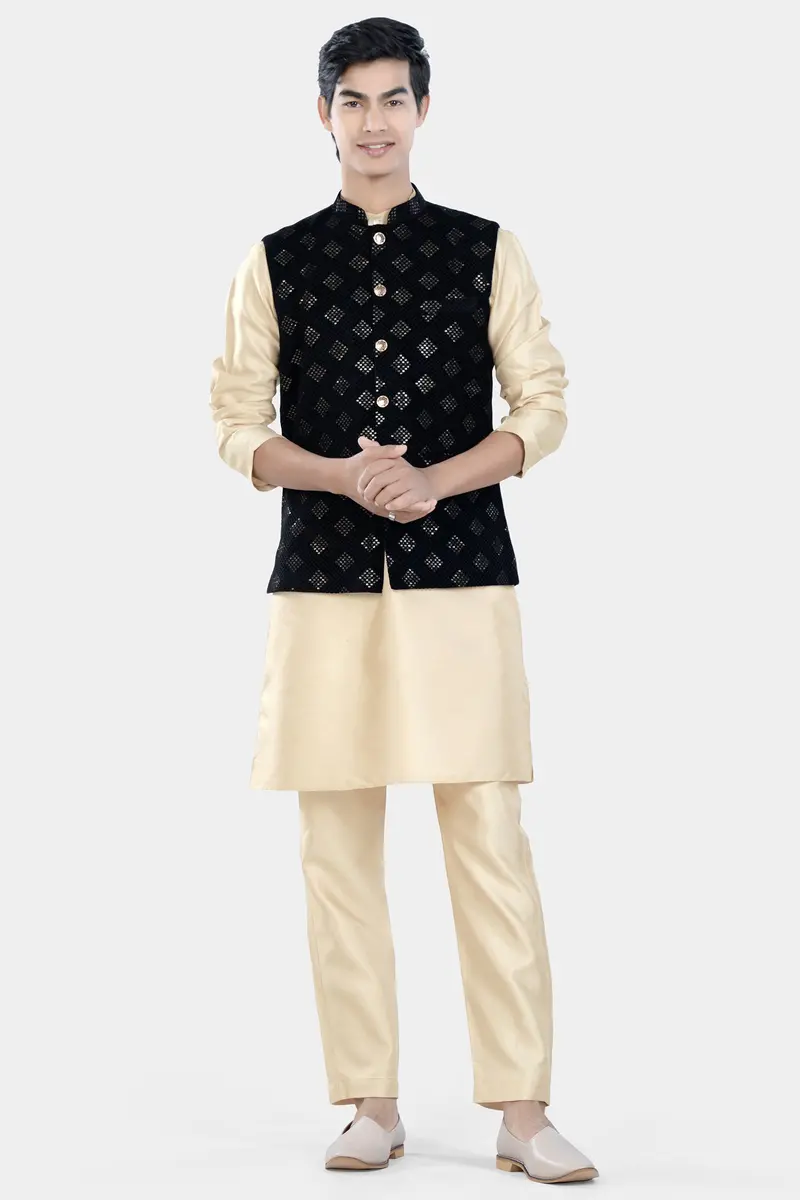 Jade Black Geometric Sequin And Thread Embroidered Designer Nehru Jacket 7