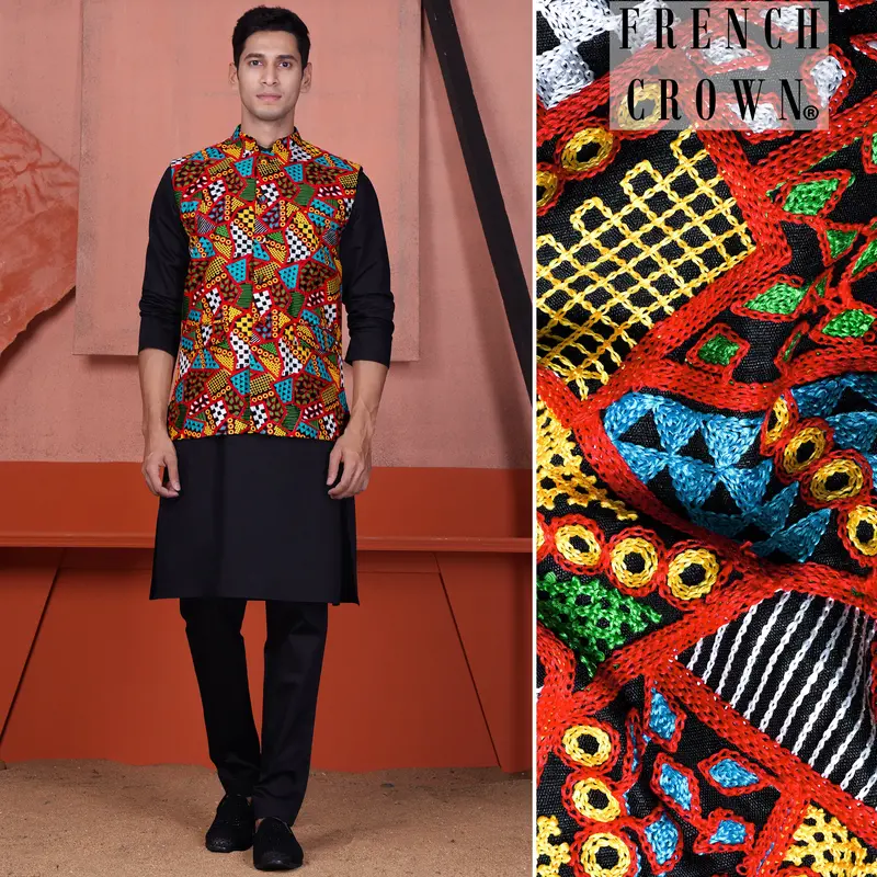 Jade Black Kurta With Carnelian Red And Kelly Green Multicolour Cotton Thread Embroidered Designer Nehru Jacket 1