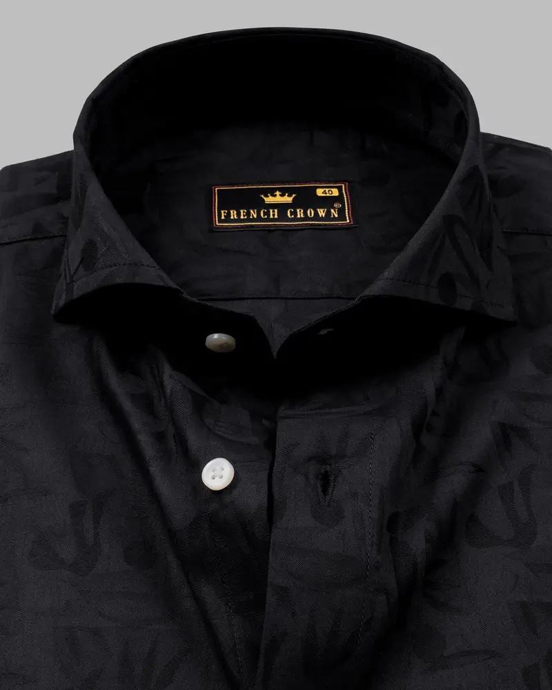 Jade Black Leaves Jacquard Textured Premium Giza Cotton Shirt 1