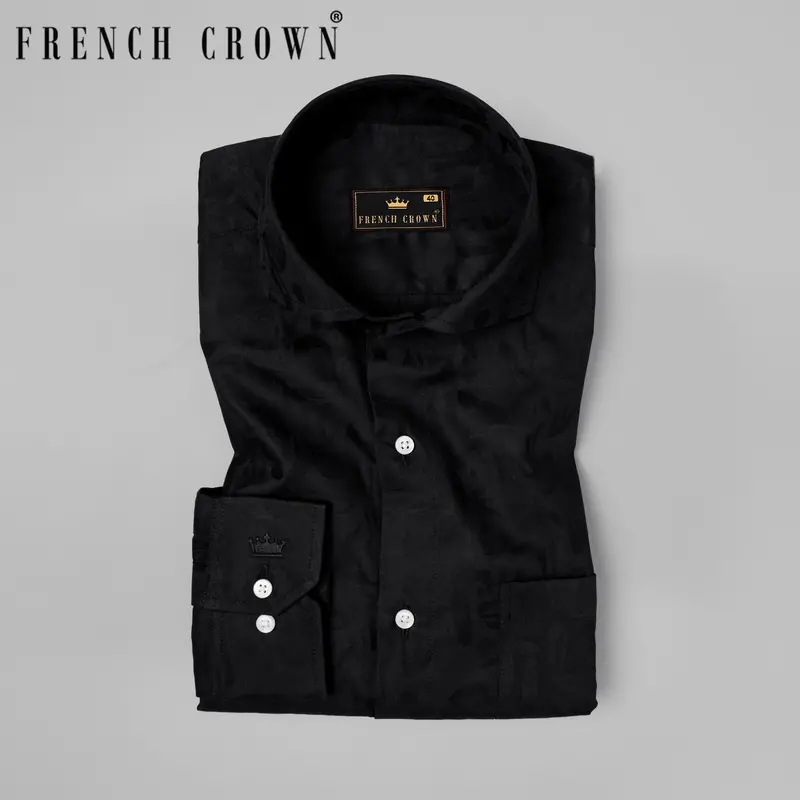 Jade Black Leaves Jacquard Textured Premium Giza Cotton Shirt 10