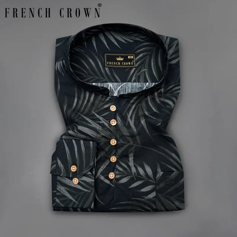 Jade Black Leaves Printed Premium Cotton Kurta Shirt 1