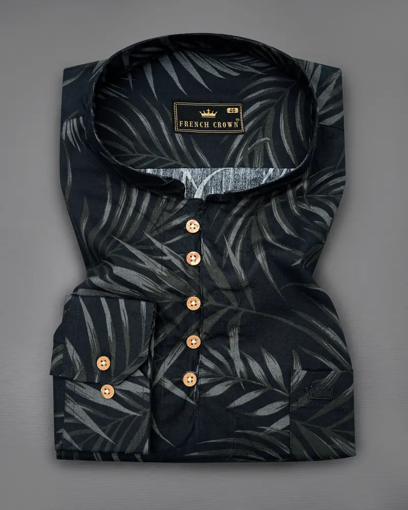Jade Black Leaves Printed Premium Cotton Kurta Shirt 2