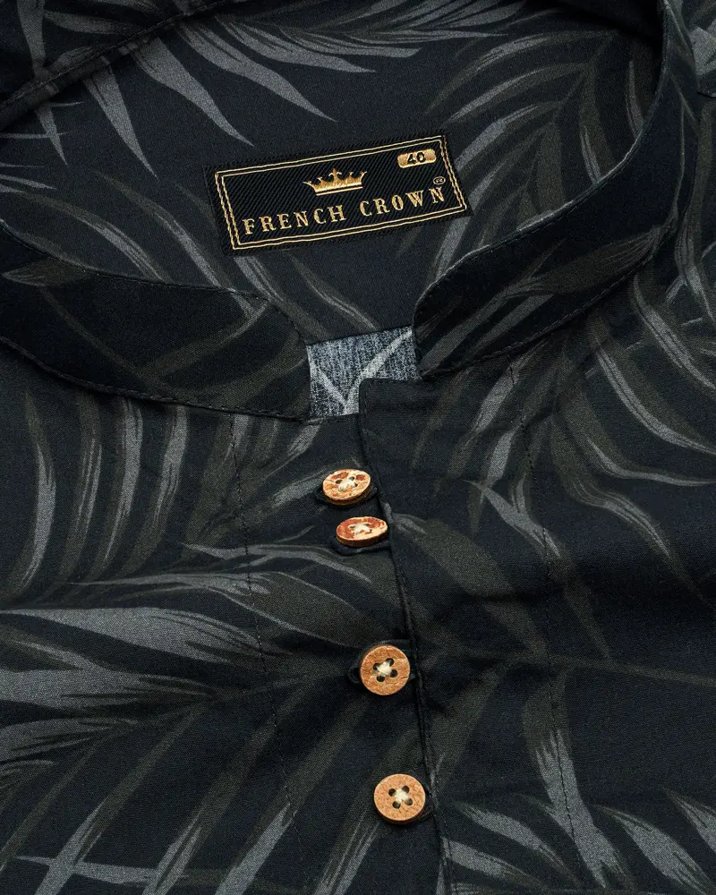 Jade Black Leaves Printed Premium Cotton Kurta Shirt 4