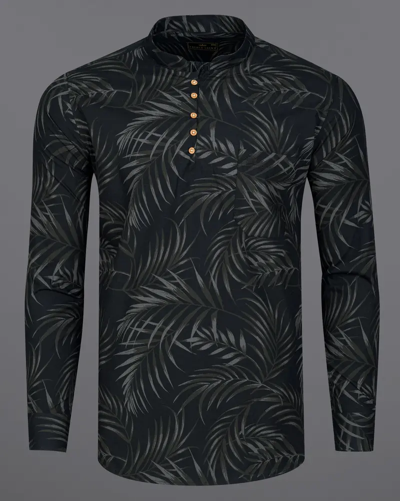Jade Black Leaves Printed Premium Cotton Kurta Shirt 6