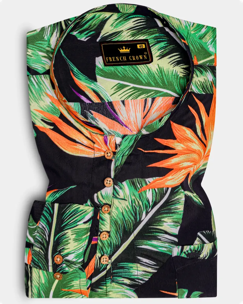 Jade Black Leaves Printed Premium Tencel Kurta Shirt 1