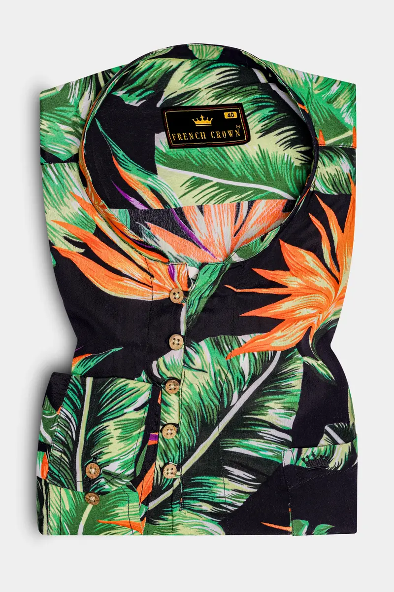 Jade Black Leaves Printed Premium Tencel Kurta Shirt 2