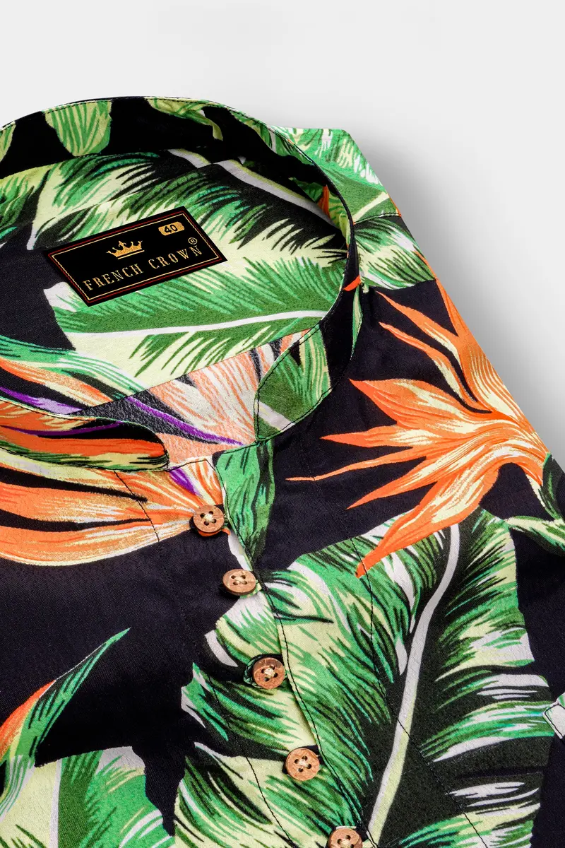 Jade Black Leaves Printed Premium Tencel Kurta Shirt 4