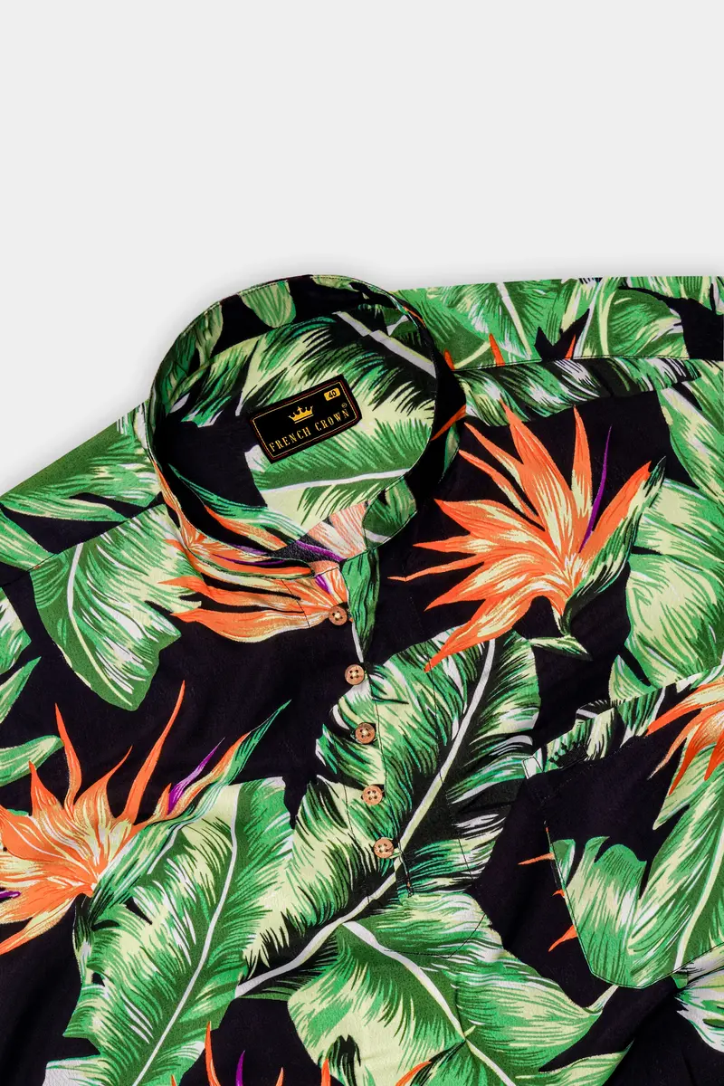 Jade Black Leaves Printed Premium Tencel Kurta Shirt 5