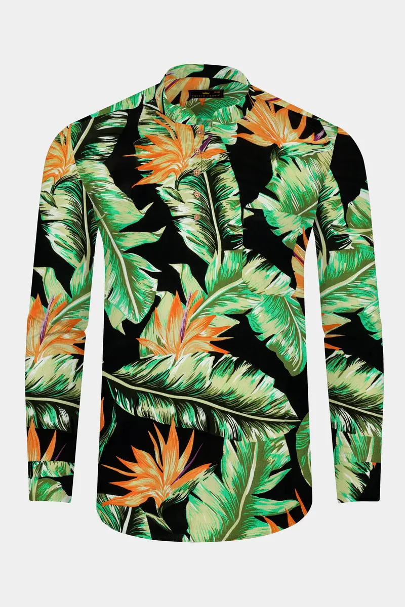 Jade Black Leaves Printed Premium Tencel Kurta Shirt 6