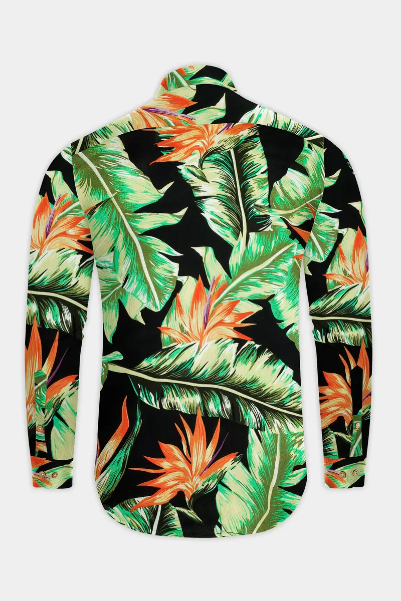 Jade Black Leaves Printed Premium Tencel Kurta Shirt 7