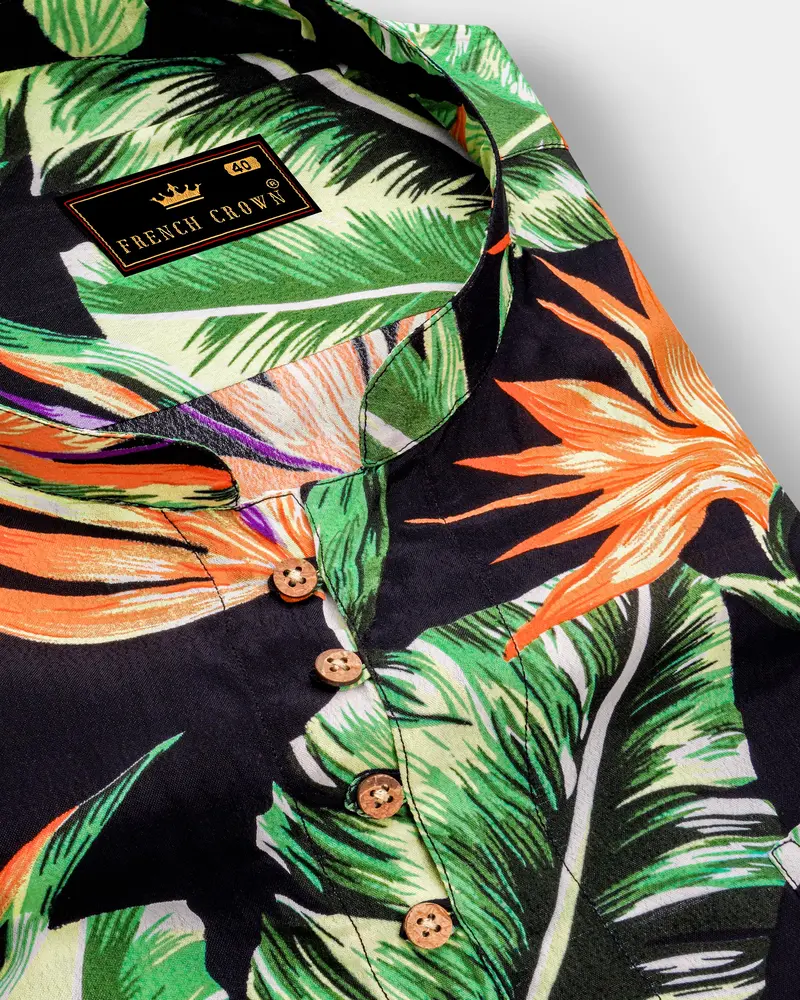 Jade Black Leaves Printed Premium Tencel Kurta Shirt 8