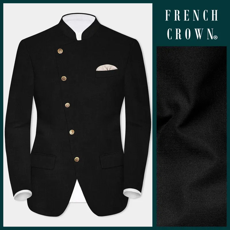 Jade Black Luxurious Cross Placket Bandhgala/Mandarin Blazer 1