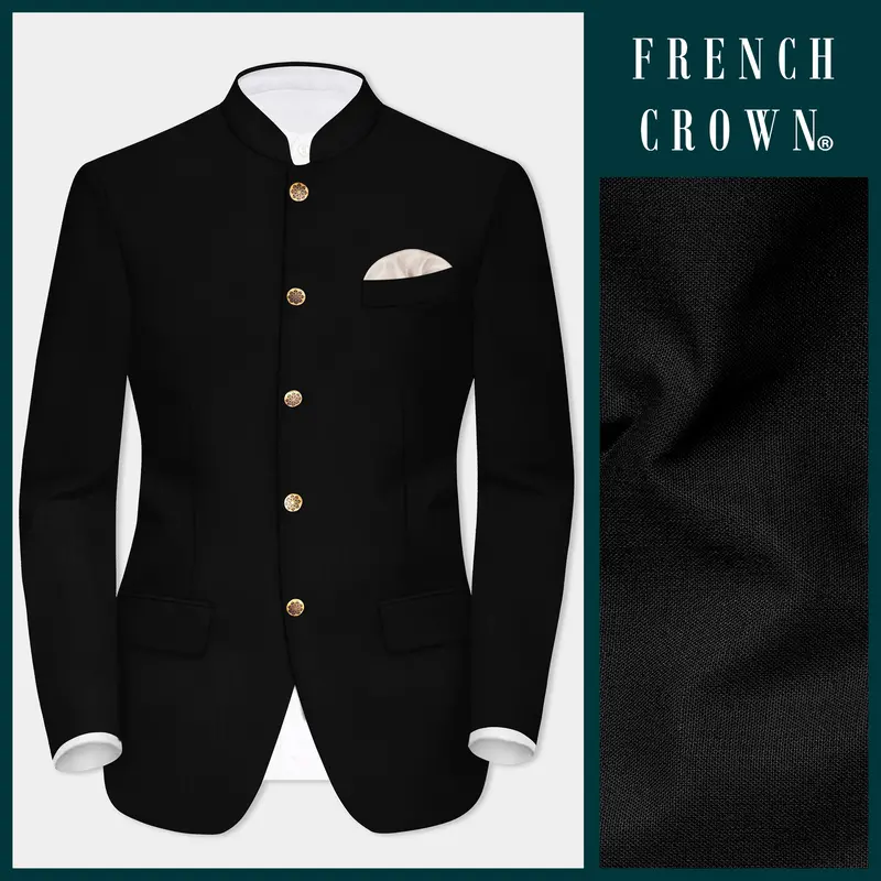 Jade Black Luxurious Linen Bandhgala/Mandarin Blazer 1