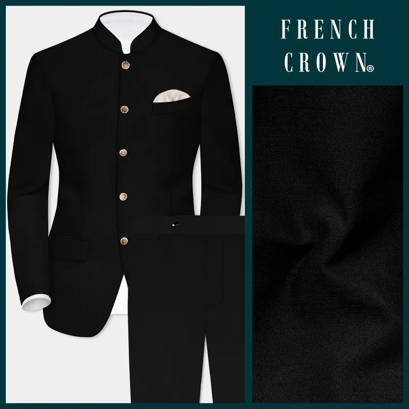 Jade Black Luxurious Linen Bandhgala/Mandarin Suit 1