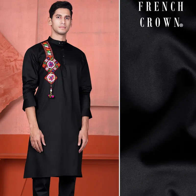 Jade Black Multicolour Kutch Work Patches With Mirror Work Subtle Sheen Super Soft Premium Cotton Designer Kurta 1