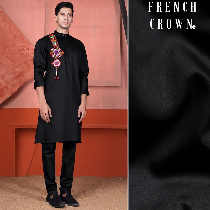 Jade Black Multicolour Kutch Work Patches With Mirror Work Subtle Sheen Super Soft Premium Cotton Designer Kurta Set 1