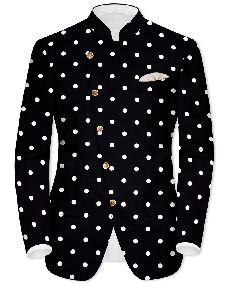 Jade Black Polka Dots Printed Cross Placket Bandhgala/Mandarin Blazer 1
