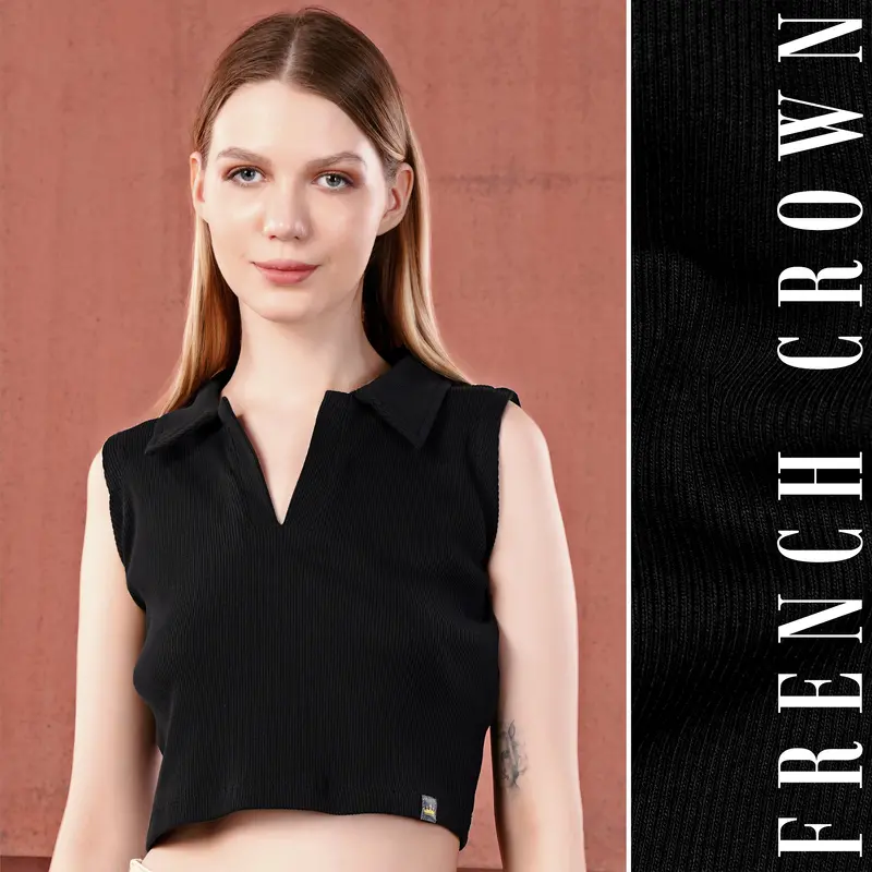 Jade Black Premium Cotton Knit Stretchable Crop Top With Polo Collar 1