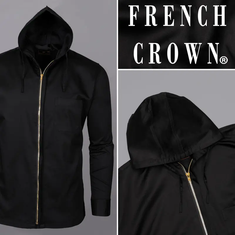 Jade Black Premium Satin Zipper Shirt With Hoodie 1