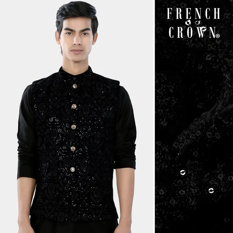 Jade Black Sequin Embroidered Designer Nehru Jacket 1