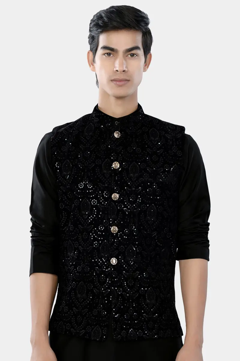 Jade Black Sequin Embroidered Designer Nehru Jacket 2