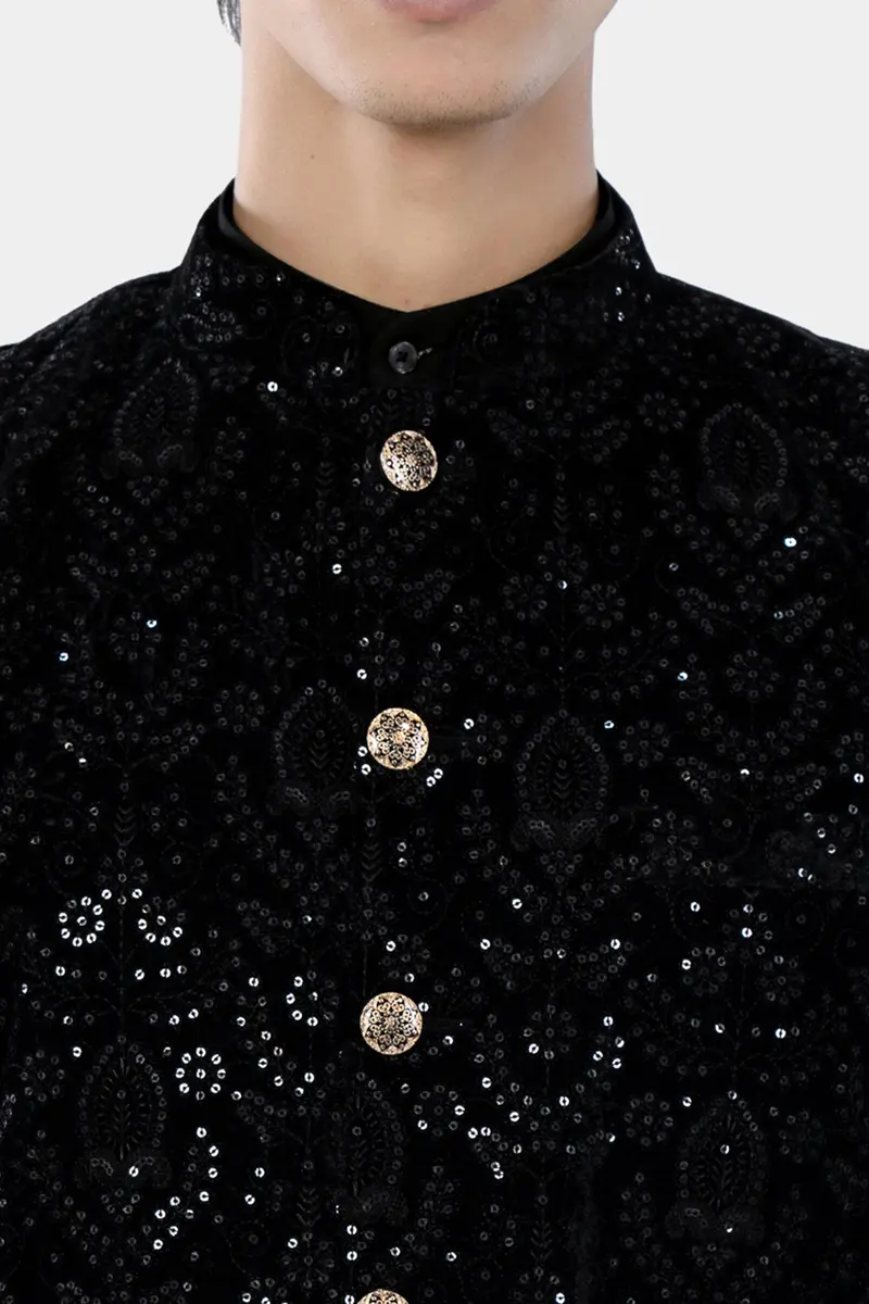 Jade Black Sequin Embroidered Designer Nehru Jacket 4