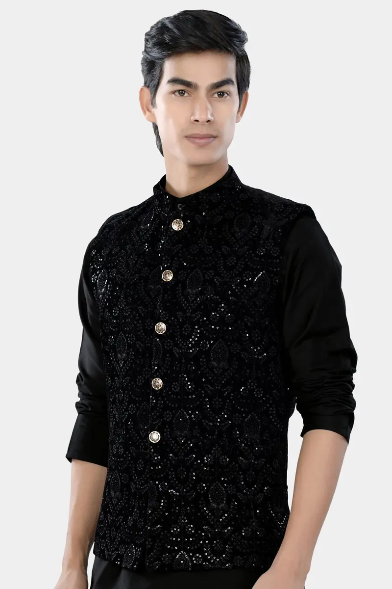 Jade Black Sequin Embroidered Designer Nehru Jacket 5