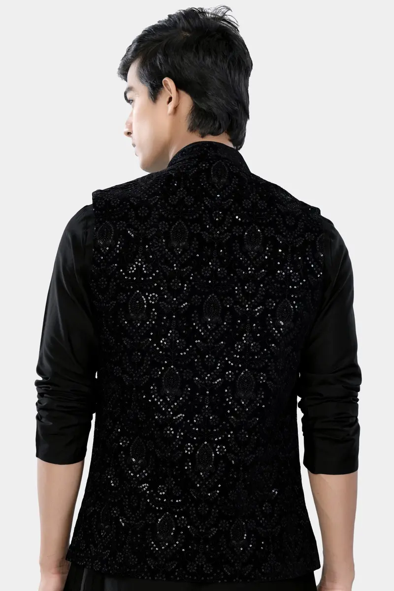 Jade Black Sequin Embroidered Designer Nehru Jacket 6