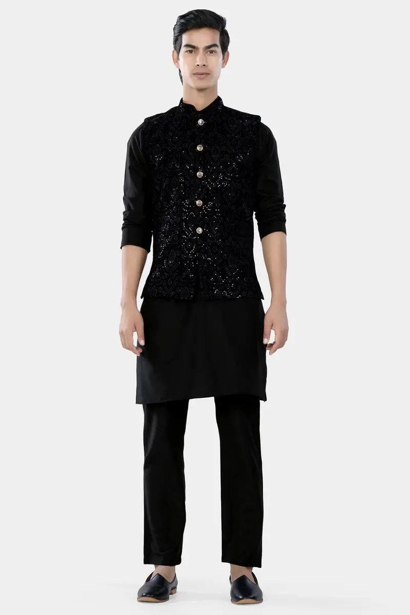 Jade Black Sequin Embroidered Designer Nehru Jacket 7