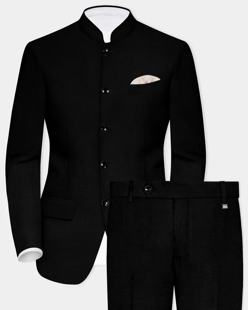 Jade Black Solid Bandhgala Luxurious Linen Suit 1
