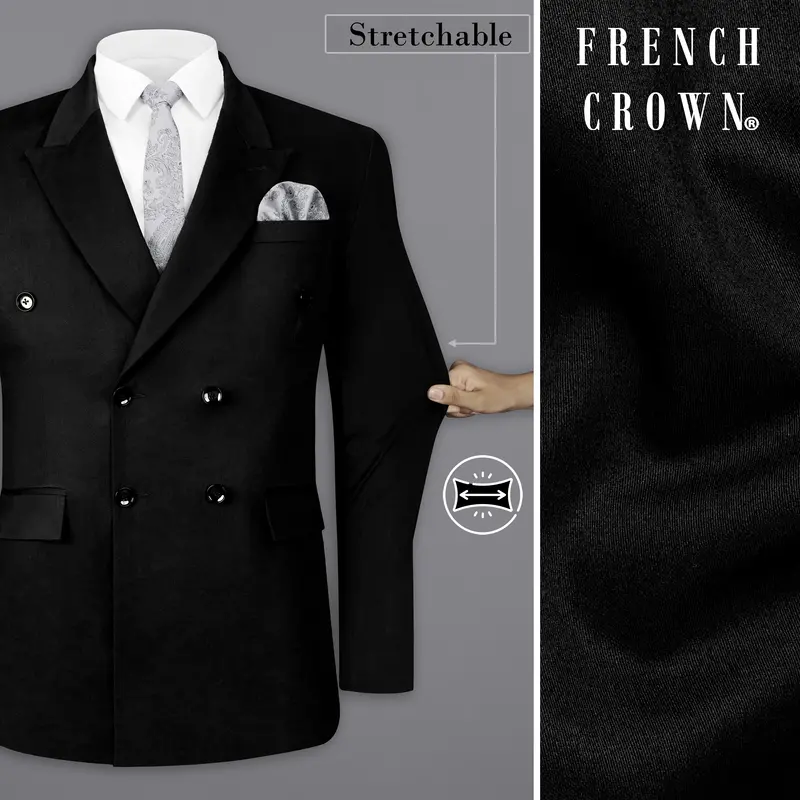Jade Black Solid Stretchable Premium Cotton Double Breasted Traveler Blazer 1