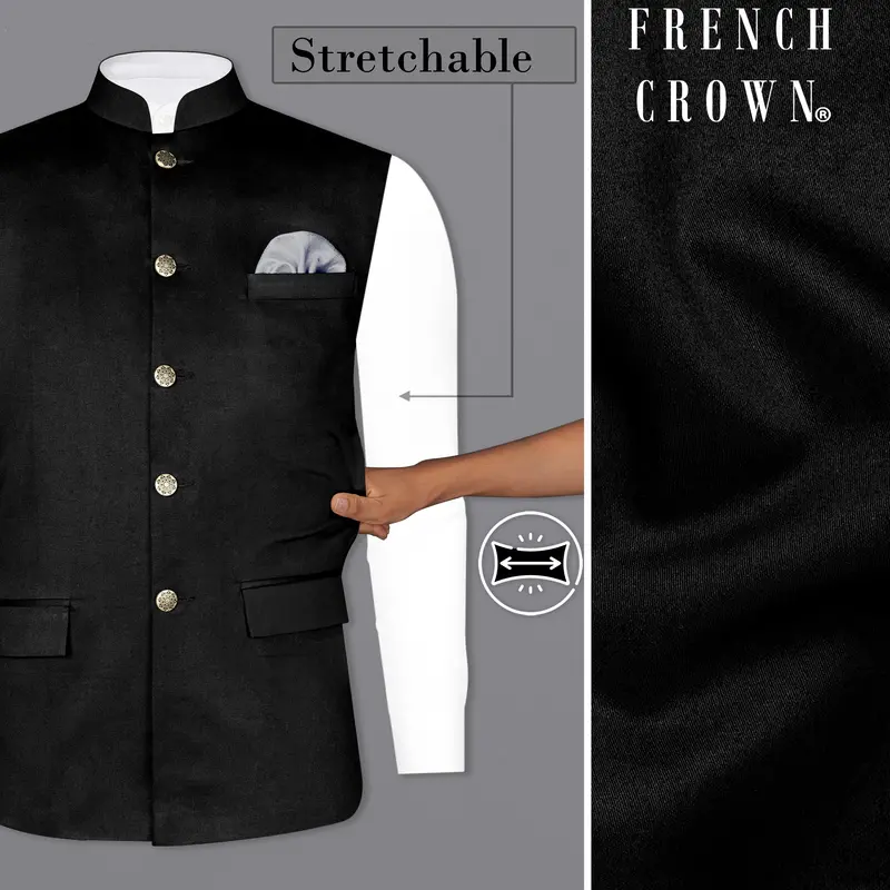 Jade Black Solid Stretchable Premium Cotton Traveler Nehru Jacket 1