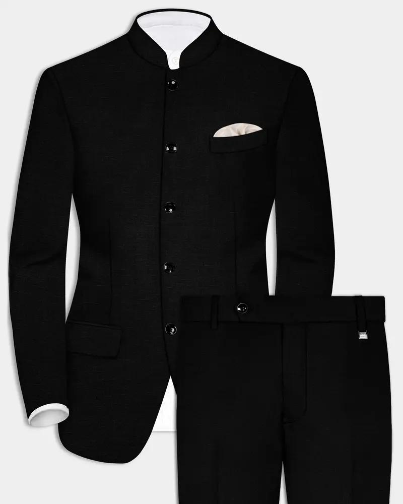 Jade Black Solid Wool Rich Bandhgala Stretchable Traveler Suit 1