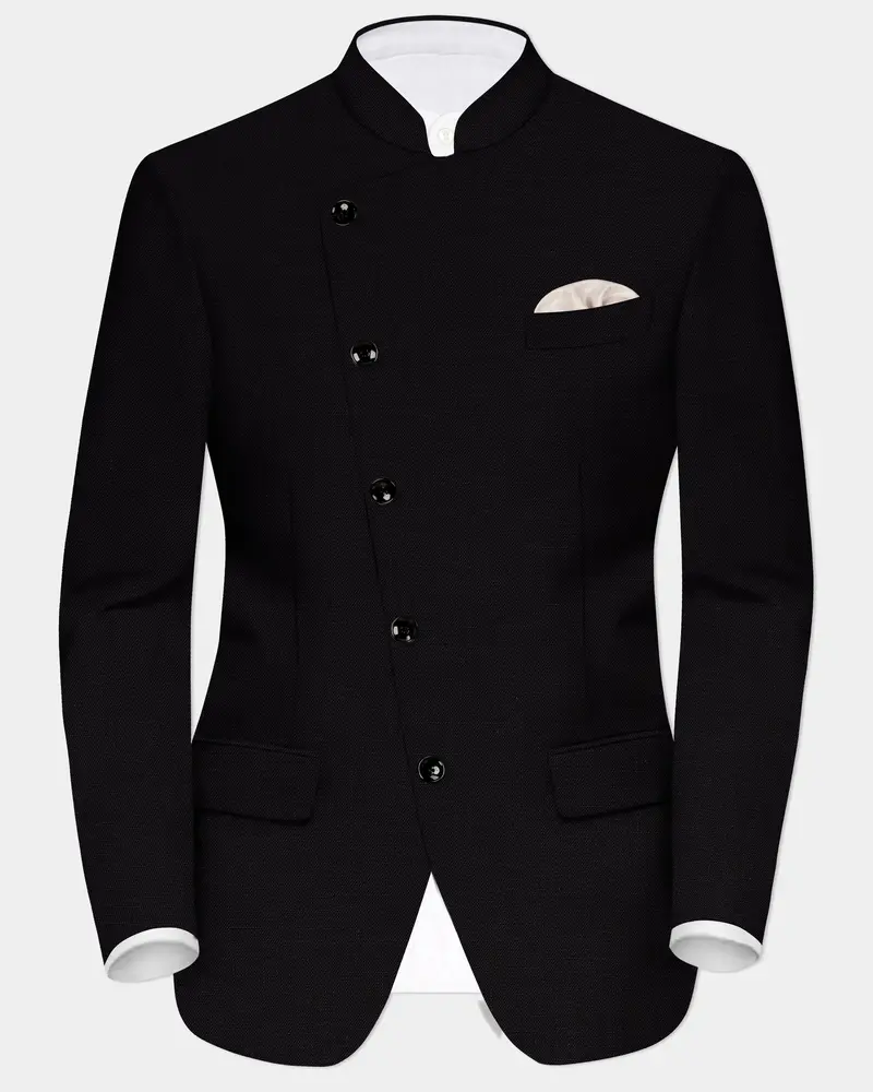 Jade Black Solid Wool Rich Cross Placket Bandhgala Luxurious Linen Blazer 1
